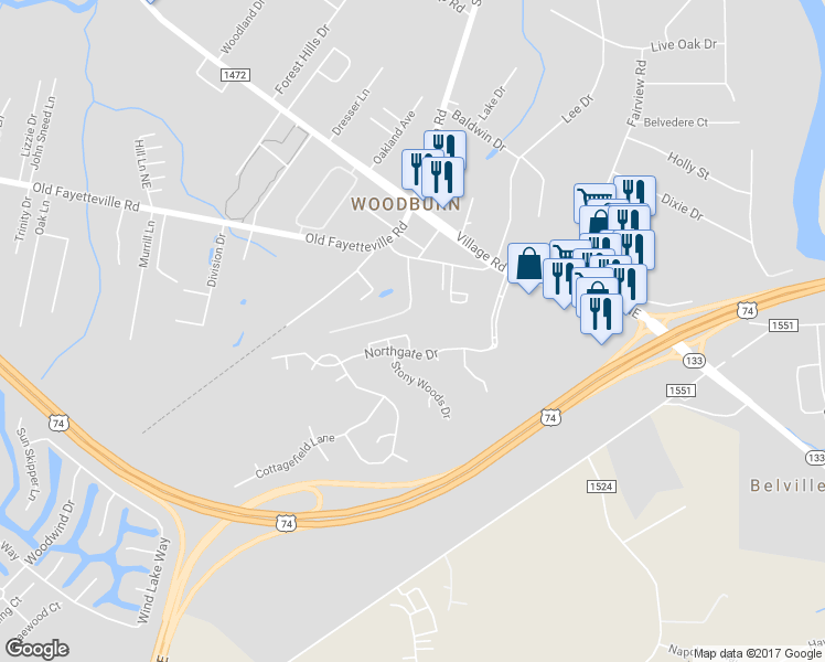 map of restaurants, bars, coffee shops, grocery stores, and more near 2423 Red Maple Creek in Leland