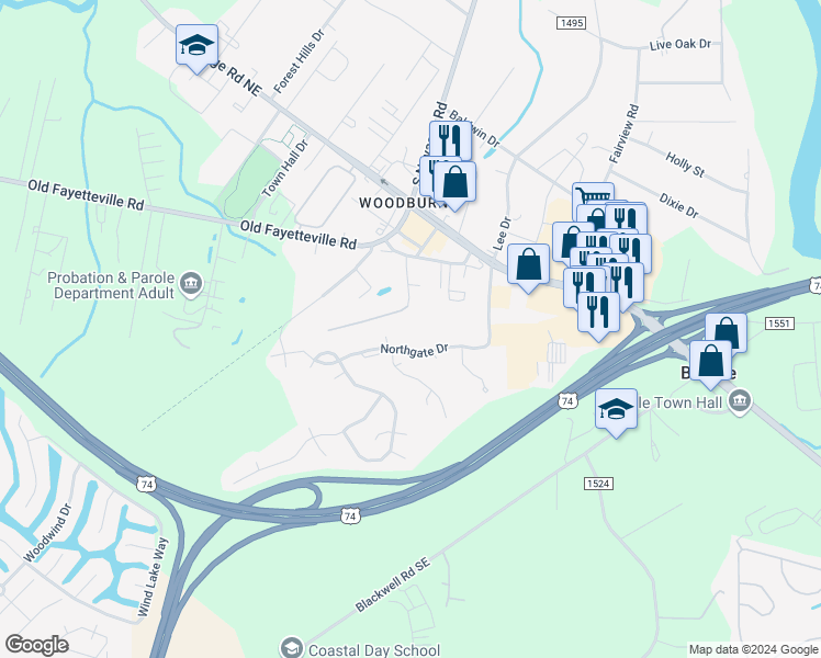 map of restaurants, bars, coffee shops, grocery stores, and more near 1136 Red Bay Place in Leland