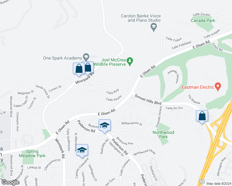 map of restaurants, bars, coffee shops, grocery stores, and more near 1022 Calle Ruiz in Thousand Oaks