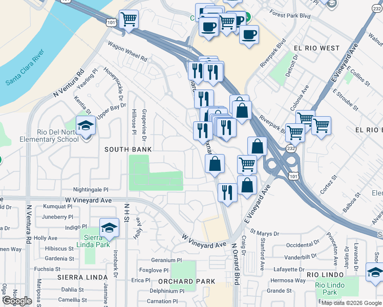 map of restaurants, bars, coffee shops, grocery stores, and more near 2455 Blueberry Drive in Oxnard