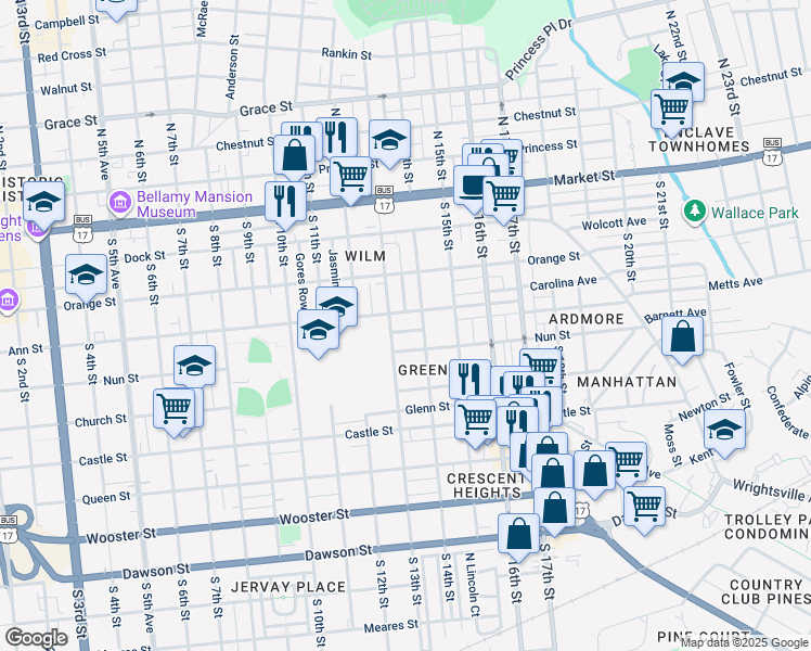map of restaurants, bars, coffee shops, grocery stores, and more near 1307 Marsdon Avenue in Wilmington
