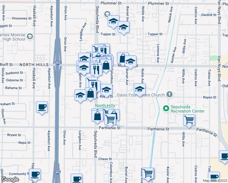 map of restaurants, bars, coffee shops, grocery stores, and more near 8931 Columbus Avenue in Los Angeles