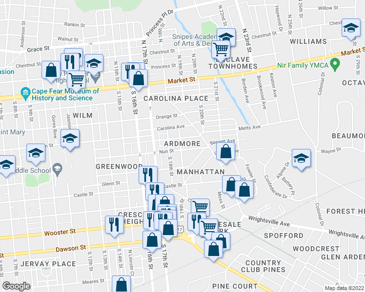 map of restaurants, bars, coffee shops, grocery stores, and more near 305 South 19th Street in Wilmington