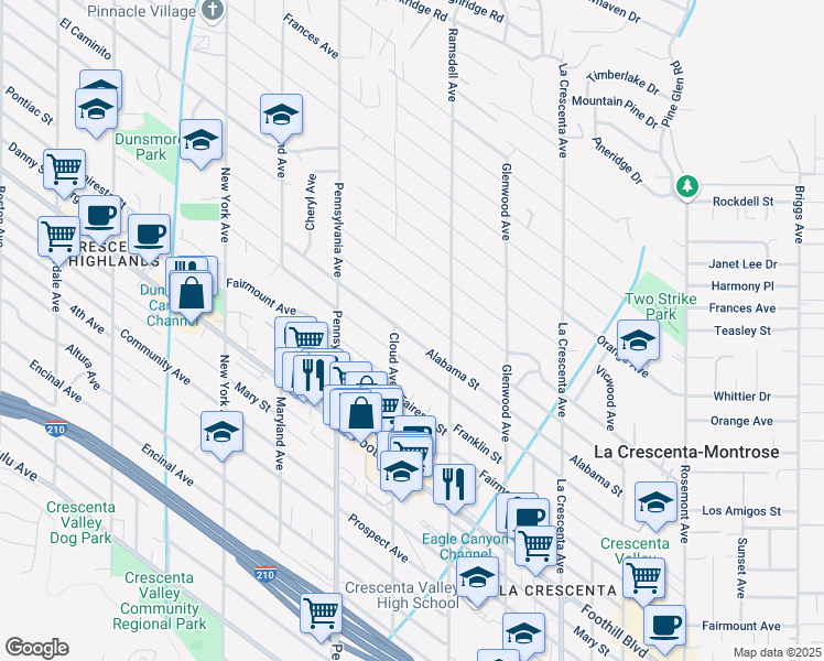 map of restaurants, bars, coffee shops, grocery stores, and more near 3045 Alabama Street in La Crescenta-Montrose