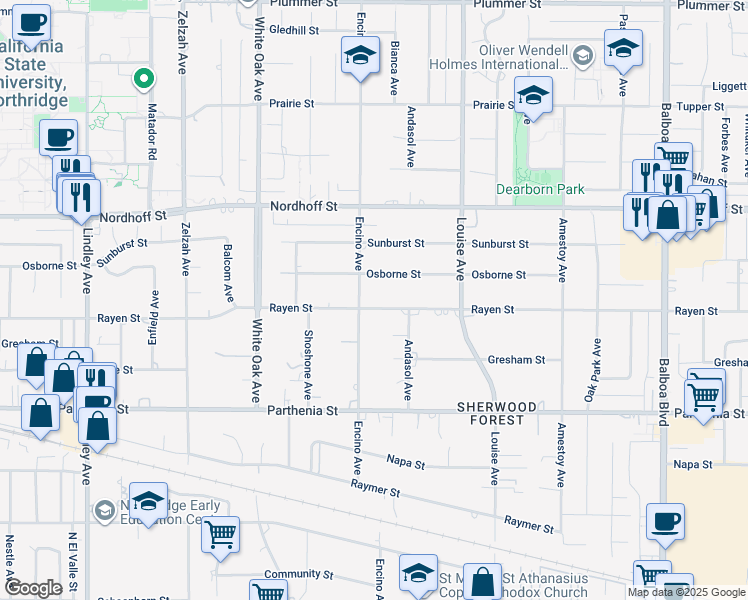 map of restaurants, bars, coffee shops, grocery stores, and more near 17441 Rayen Street in Los Angeles