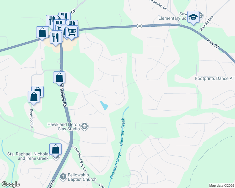 map of restaurants, bars, coffee shops, grocery stores, and more near 2899 Channing Way in Cumming