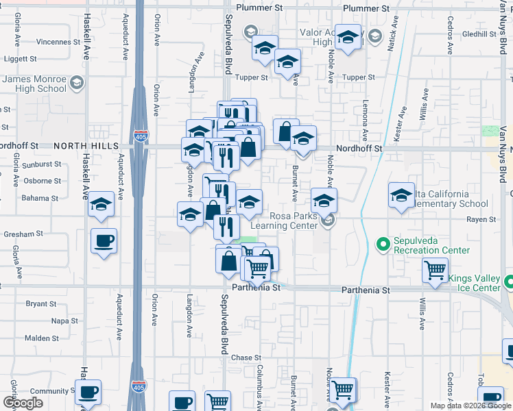 map of restaurants, bars, coffee shops, grocery stores, and more near 8931 Columbus Avenue in Los Angeles