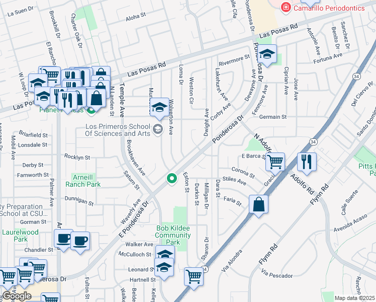 map of restaurants, bars, coffee shops, grocery stores, and more near 3115 Dwight Avenue in Camarillo