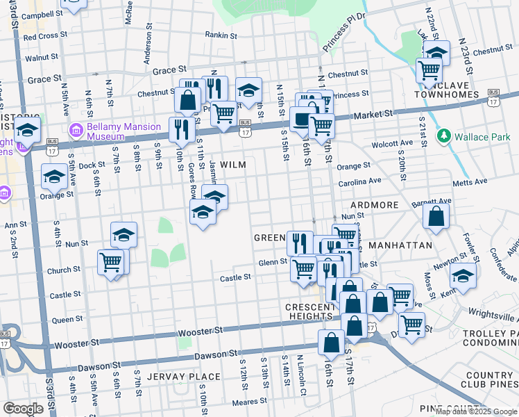 map of restaurants, bars, coffee shops, grocery stores, and more near 1309 Marsdon Avenue in Wilmington