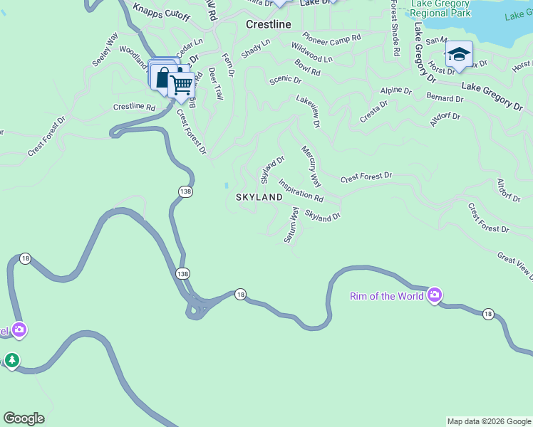 map of restaurants, bars, coffee shops, grocery stores, and more near 1108 Jupiter Way in Crestline