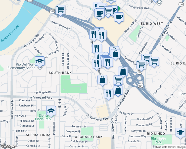 map of restaurants, bars, coffee shops, grocery stores, and more near 2455 Blueberry Drive in Oxnard