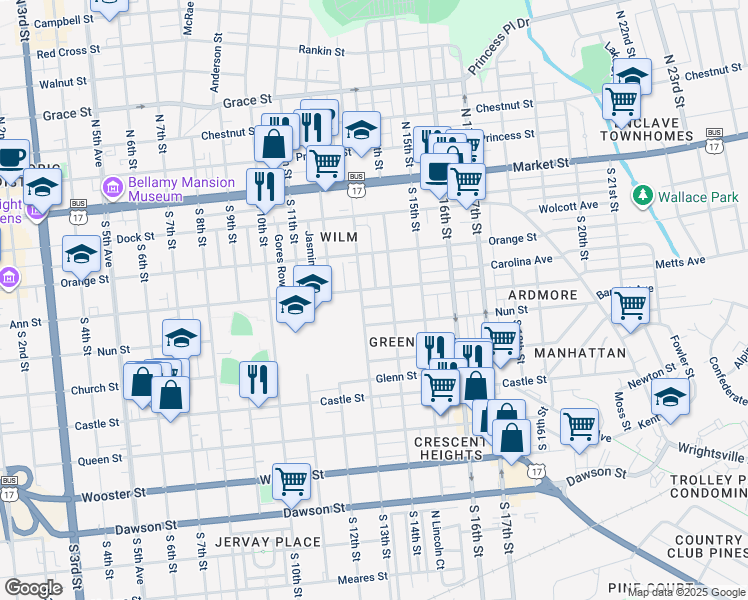 map of restaurants, bars, coffee shops, grocery stores, and more near 1307 Marsdon Avenue in Wilmington