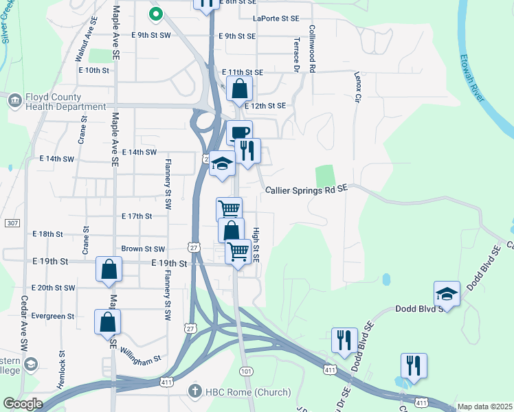 map of restaurants, bars, coffee shops, grocery stores, and more near 2506 1/2 Callier Springs Road Southeast in Rome