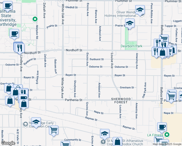 map of restaurants, bars, coffee shops, grocery stores, and more near 17441 Rayen Street in Los Angeles