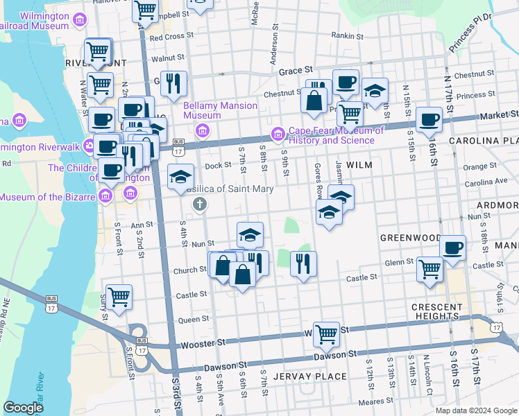 map of restaurants, bars, coffee shops, grocery stores, and more near 711 Ann Street in Wilmington