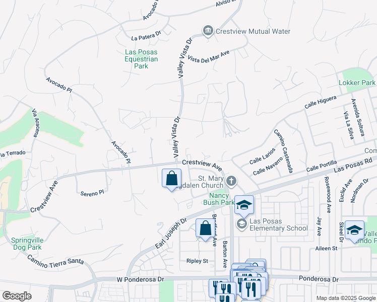 map of restaurants, bars, coffee shops, grocery stores, and more near 85 Crestview Avenue in Camarillo