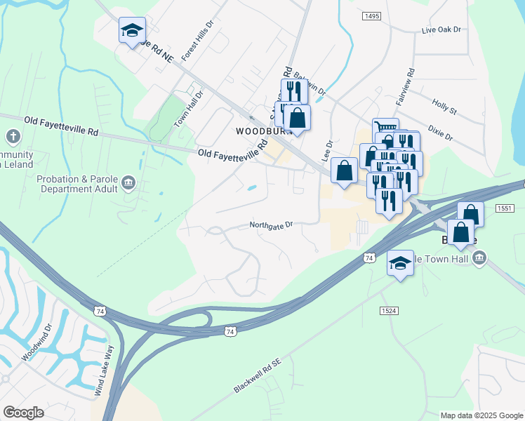 map of restaurants, bars, coffee shops, grocery stores, and more near 1152 Red Bay Place in Leland