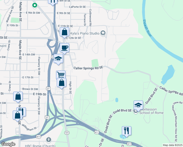 map of restaurants, bars, coffee shops, grocery stores, and more near 2522 Callier Springs Road Southeast in Rome