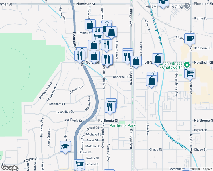 map of restaurants, bars, coffee shops, grocery stores, and more near 8811 Canoga Avenue in Los Angeles