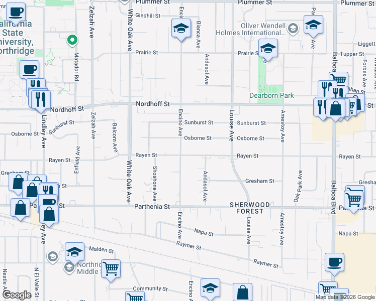 map of restaurants, bars, coffee shops, grocery stores, and more near 17441 Rayen Street in Los Angeles
