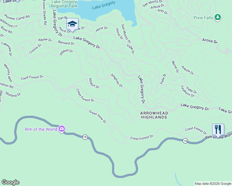 map of restaurants, bars, coffee shops, grocery stores, and more near 24561 Altdorf Dr in Crestline