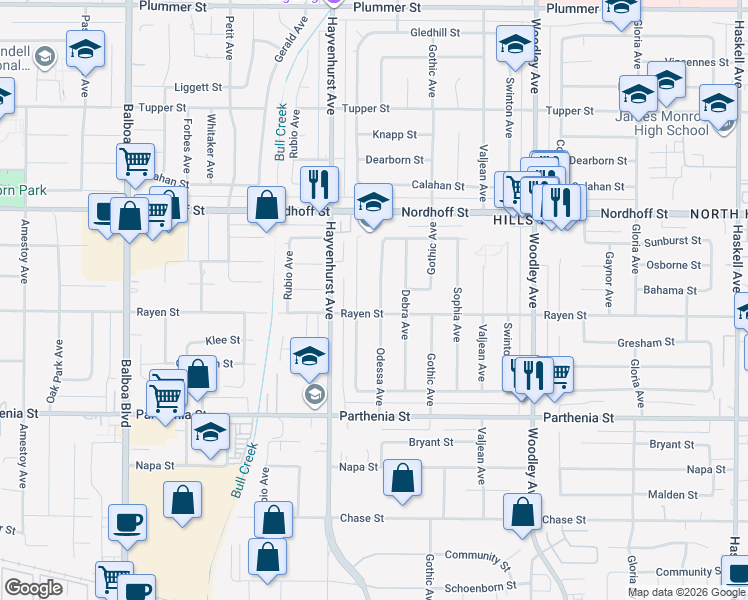 map of restaurants, bars, coffee shops, grocery stores, and more near 8915 Odessa Avenue in Los Angeles
