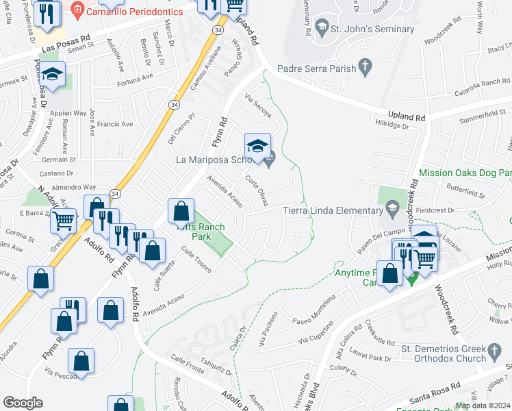 map of restaurants, bars, coffee shops, grocery stores, and more near 4884 Caminito Mirador in Camarillo