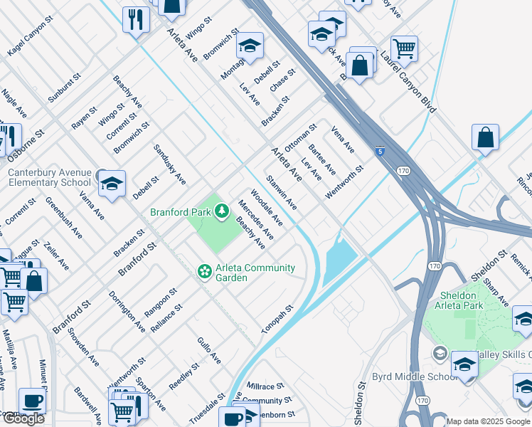 map of restaurants, bars, coffee shops, grocery stores, and more near 8961 Woodale Avenue in Los Angeles
