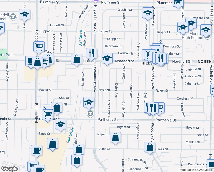 map of restaurants, bars, coffee shops, grocery stores, and more near 8915 Odessa Avenue in Los Angeles