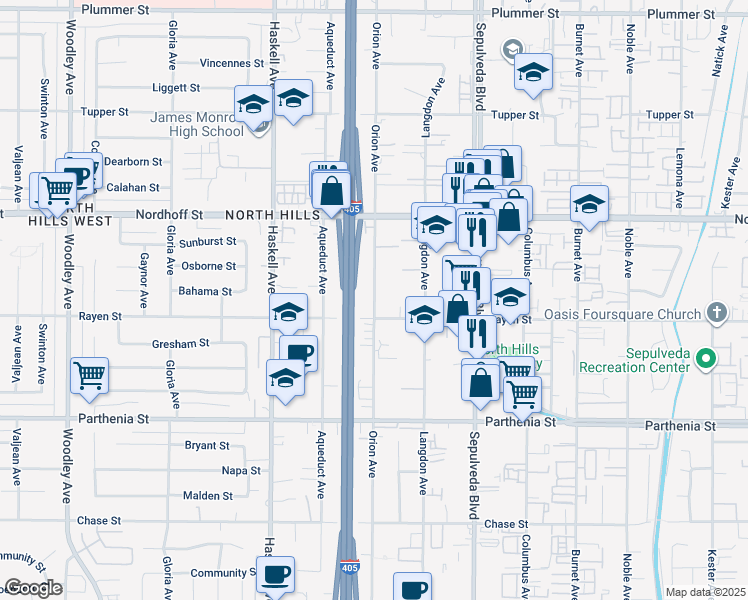 map of restaurants, bars, coffee shops, grocery stores, and more near 8926 Orion Avenue in Los Angeles