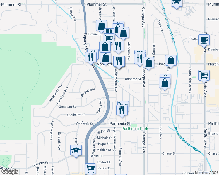 map of restaurants, bars, coffee shops, grocery stores, and more near 8935 Owensmouth Avenue in Los Angeles