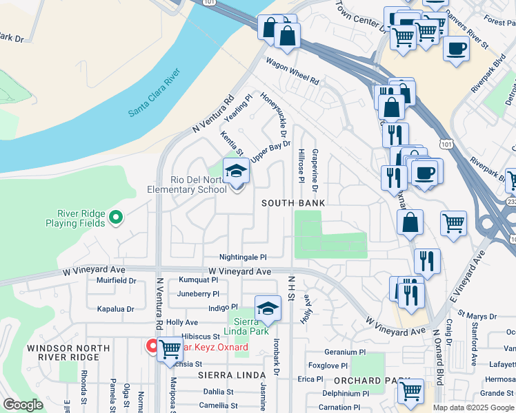 map of restaurants, bars, coffee shops, grocery stores, and more near 2484 Kentia Street in Oxnard