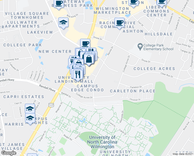 map of restaurants, bars, coffee shops, grocery stores, and more near 434 Racine Drive in Wilmington