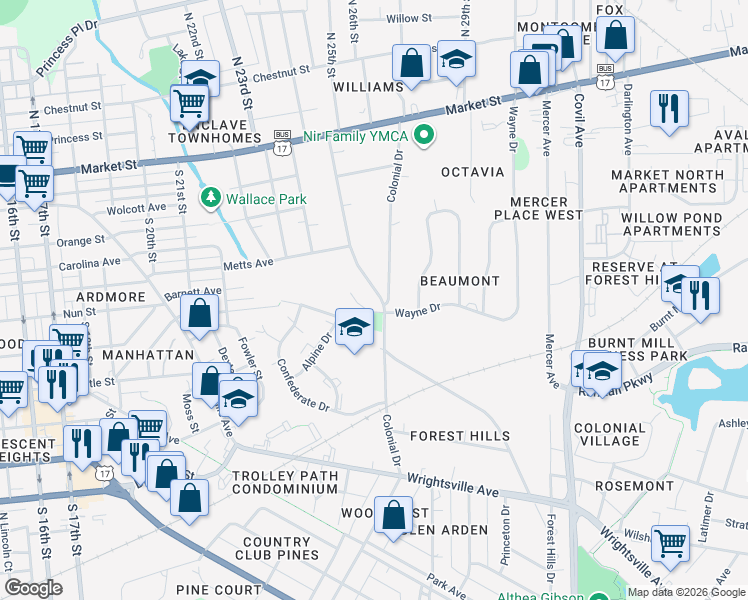 map of restaurants, bars, coffee shops, grocery stores, and more near 413 Forest Hills Drive in Wilmington