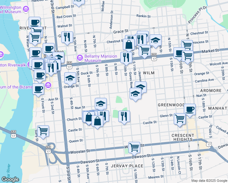map of restaurants, bars, coffee shops, grocery stores, and more near 209 South 8th Street in Wilmington