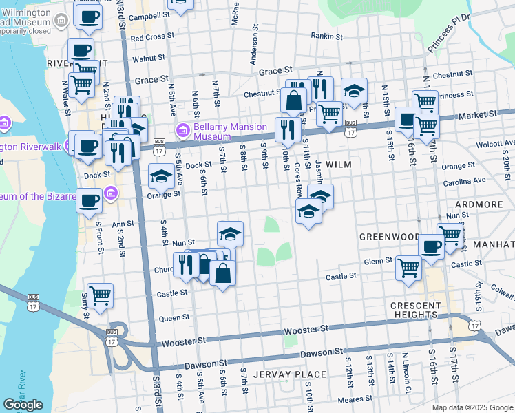 map of restaurants, bars, coffee shops, grocery stores, and more near 209 South 8th Street in Wilmington