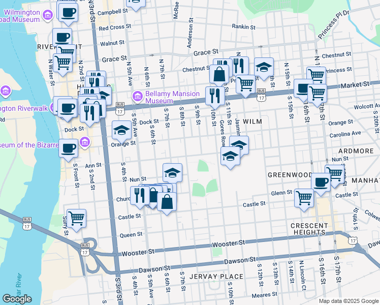 map of restaurants, bars, coffee shops, grocery stores, and more near 209 South 8th Street in Wilmington