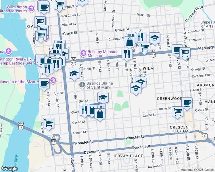 map of restaurants, bars, coffee shops, grocery stores, and more near 209 South 7th Street in Wilmington