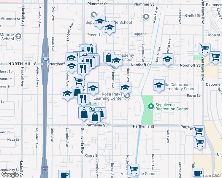 map of restaurants, bars, coffee shops, grocery stores, and more near 8923 Burnet Avenue in Los Angeles
