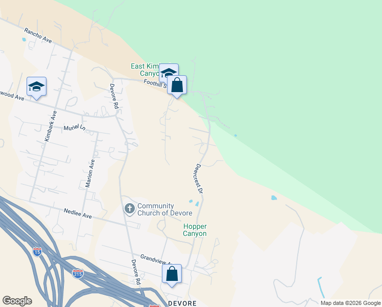 map of restaurants, bars, coffee shops, grocery stores, and more near 1166 Deercrest Drive in San Bernardino