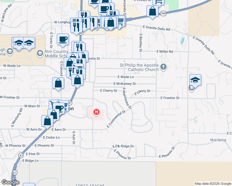 map of restaurants, bars, coffee shops, grocery stores, and more near 404 East Cherry Street in Payson