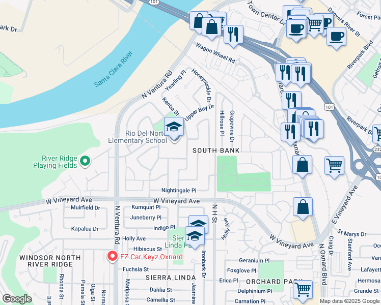 map of restaurants, bars, coffee shops, grocery stores, and more near 2484 Kentia Street in Oxnard