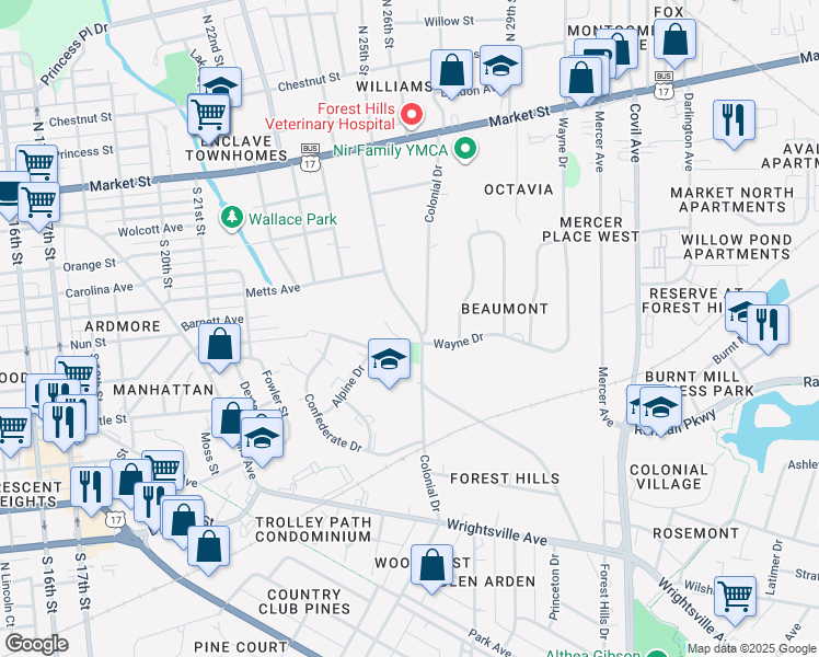 map of restaurants, bars, coffee shops, grocery stores, and more near 413 Forest Hills Drive in Wilmington