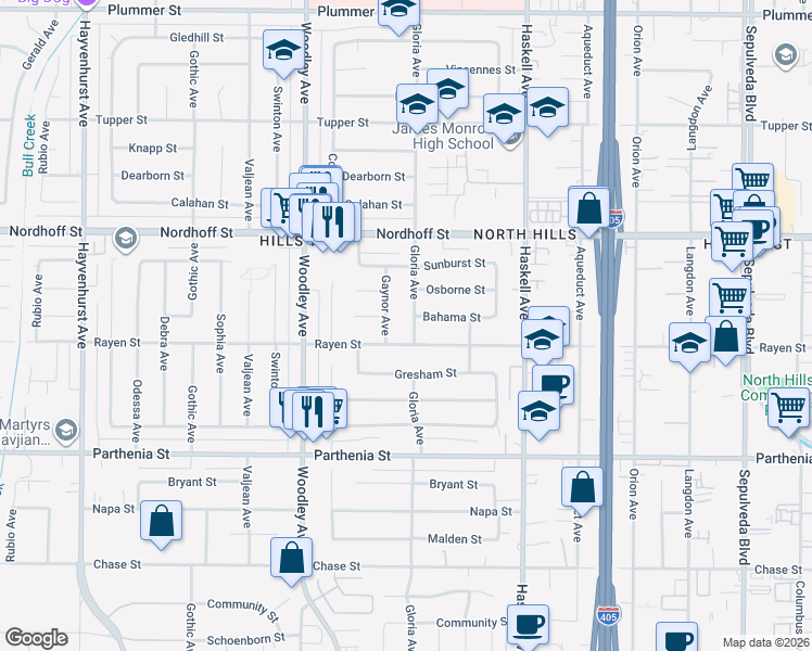 map of restaurants, bars, coffee shops, grocery stores, and more near 8921 Gloria Avenue in Los Angeles