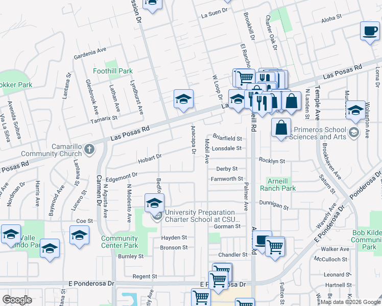 map of restaurants, bars, coffee shops, grocery stores, and more near 1525 Anacapa Drive in Camarillo