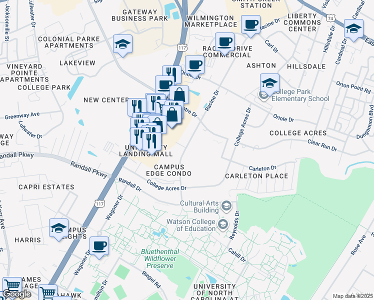 map of restaurants, bars, coffee shops, grocery stores, and more near 452 Racine Drive in Wilmington