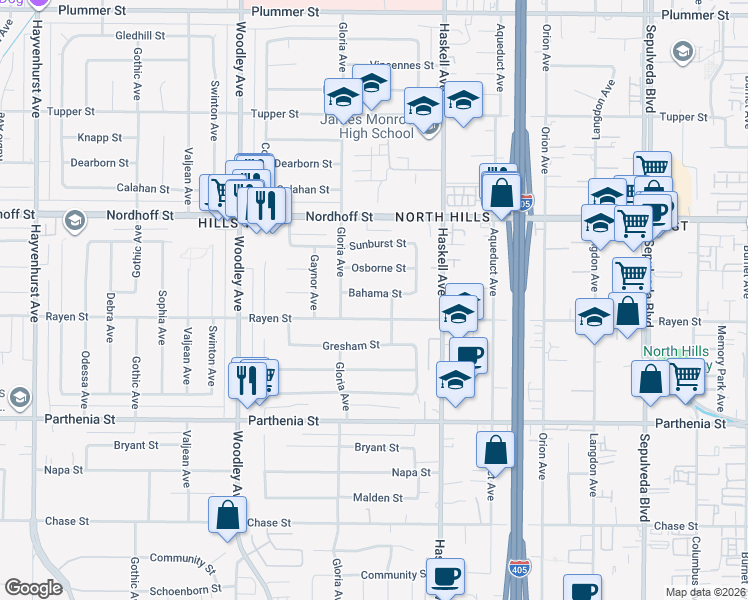 map of restaurants, bars, coffee shops, grocery stores, and more near 15920 Bahama Street in Los Angeles