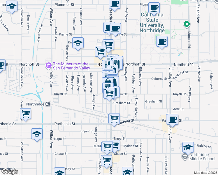 map of restaurants, bars, coffee shops, grocery stores, and more near 8940 Reseda Boulevard in Los Angeles