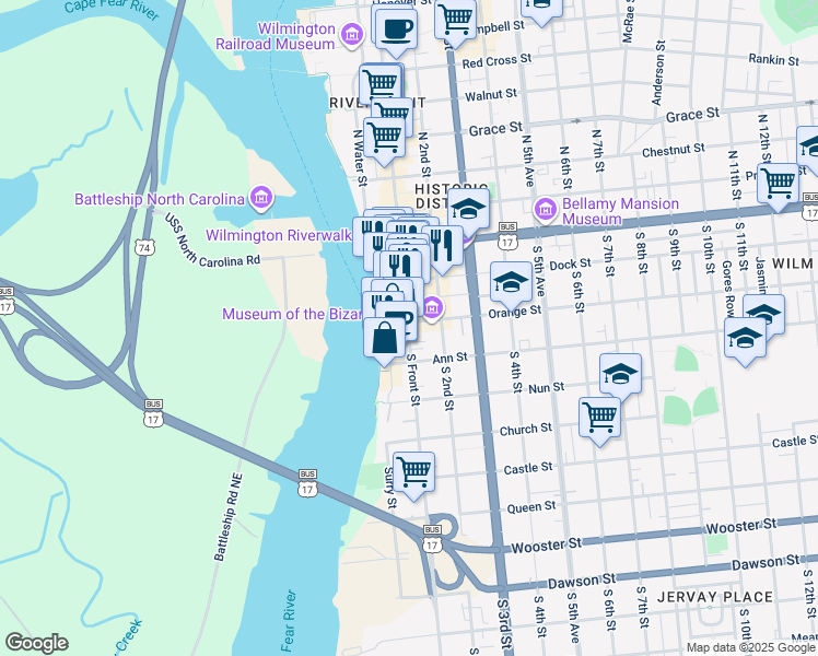map of restaurants, bars, coffee shops, grocery stores, and more near 205 South Front Street in Wilmington