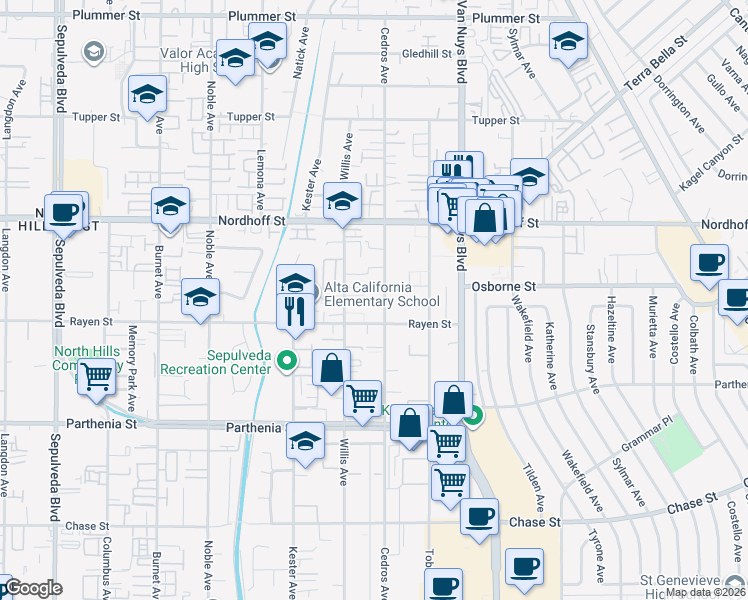 map of restaurants, bars, coffee shops, grocery stores, and more near 8938 Cedros Avenue in Los Angeles